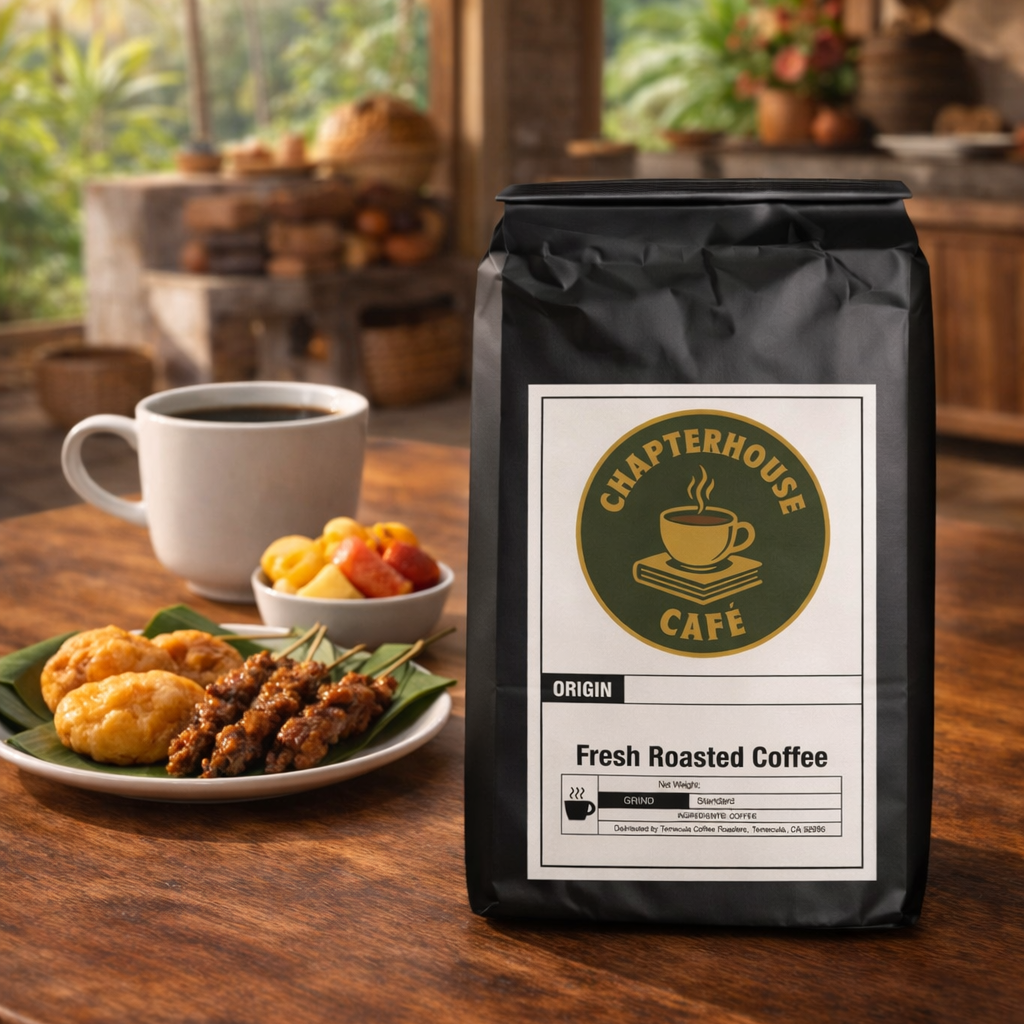 Bag of coffee labeled 'Chapterhouse Cafe' on a wooden table with a cup and snacks.