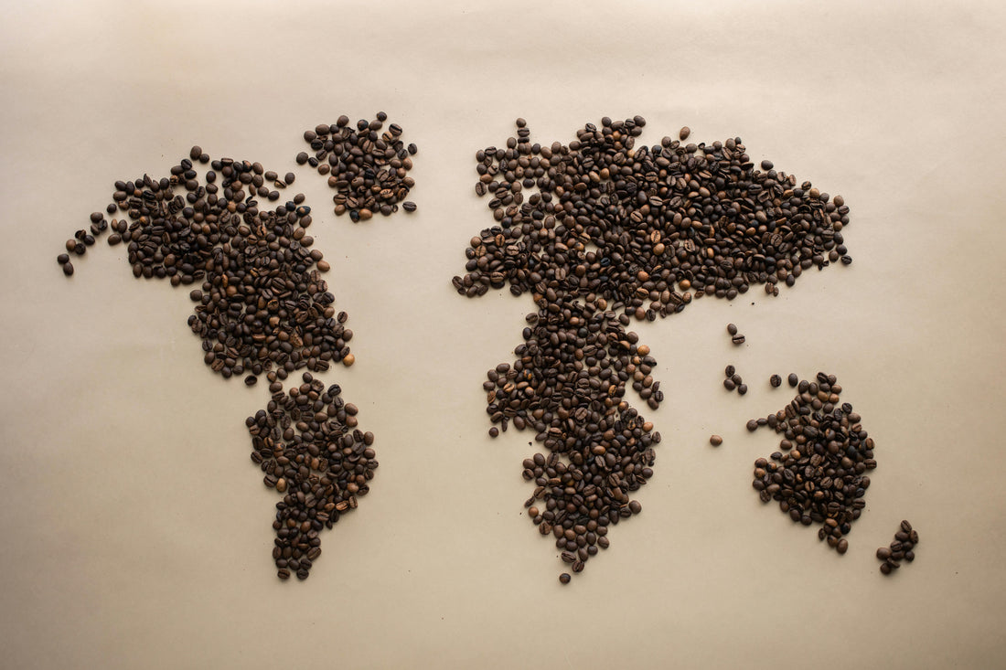 A rough map of the world using coffee beans to create landmasses.