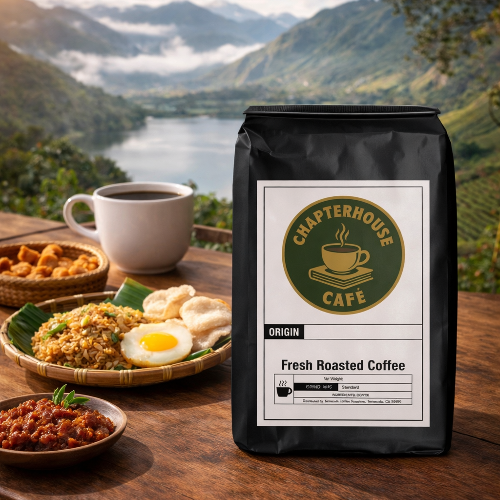 Bag of Chapterhouse Cafe coffee on a wooden table with a scenic background
