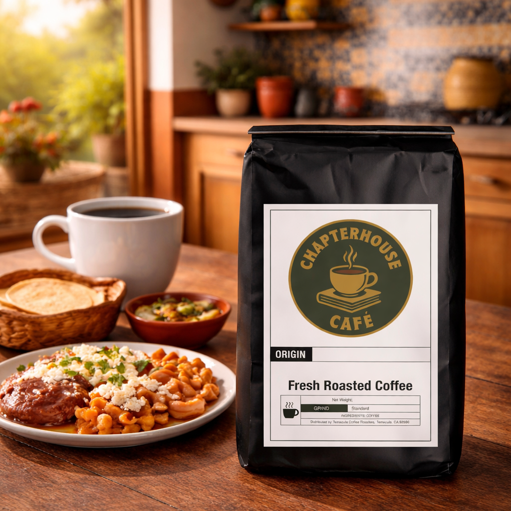 Chapterhouse Cafe coffee bag on a wooden table with a plate of food and a cup of coffee.